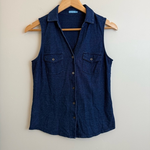 J. McLaughlin 100% Cotton Blue/Navy Sleeveless Button Down Shirt Small - Picture 1 of 9